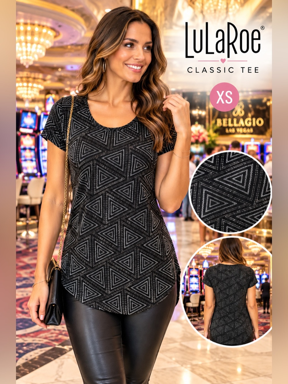 LuLaRoe Classic Tee XS Black Metallic Geometric Triangle Print Short Sleeve